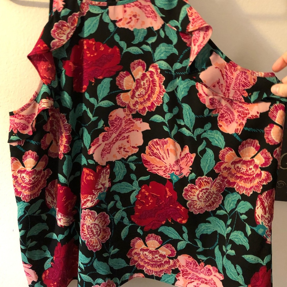 Floral, ruffled, sleeveless blouse